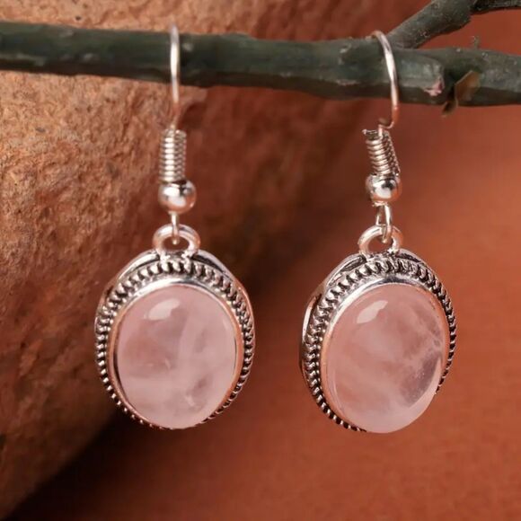 Oval Pink Rose Quartz Stone Silver Dangle Drop Earrings Vintage Style Textured - Picture 1 of 6